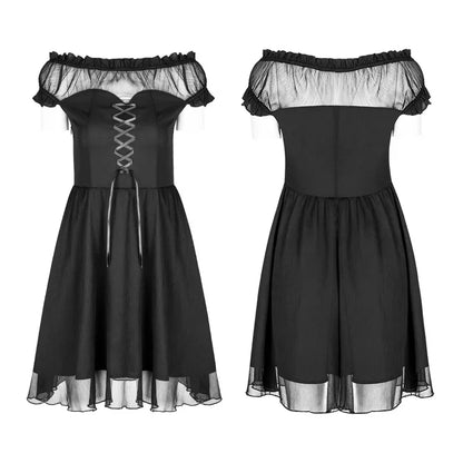 Black Off Shoulder Lolita Bandage Chiffon Ruffles Party Elegant A-Line Short Gothic Dress