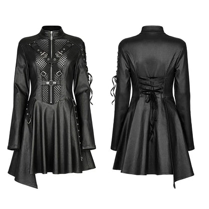 Faux Leather Sexy Long Sleeve Gauze Splicing Asymmetric Skirt Hem Black Gothic Dress