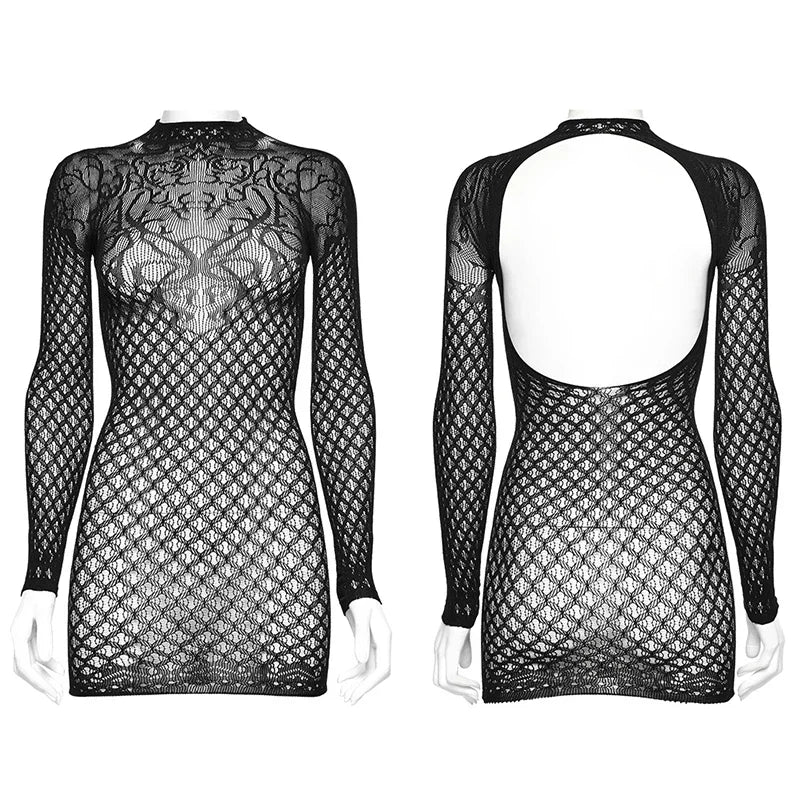 Vine Pattern Mysterious Knitted Black Hollowed Out Back Club Sexy Summer Gothic Dress