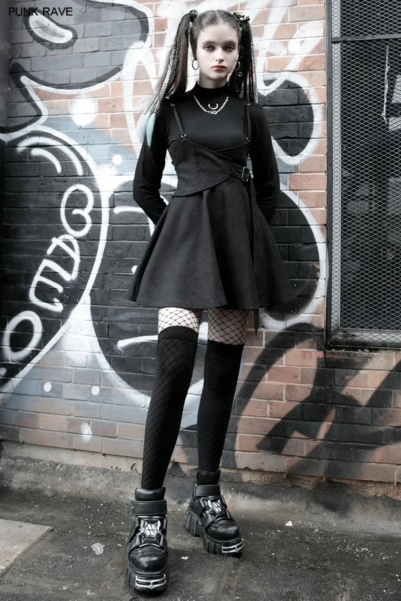 Pretend Waist Sealing Tight-waist Braces Overskirt High-waist A-Line Daily Sling Black Gothic Dress