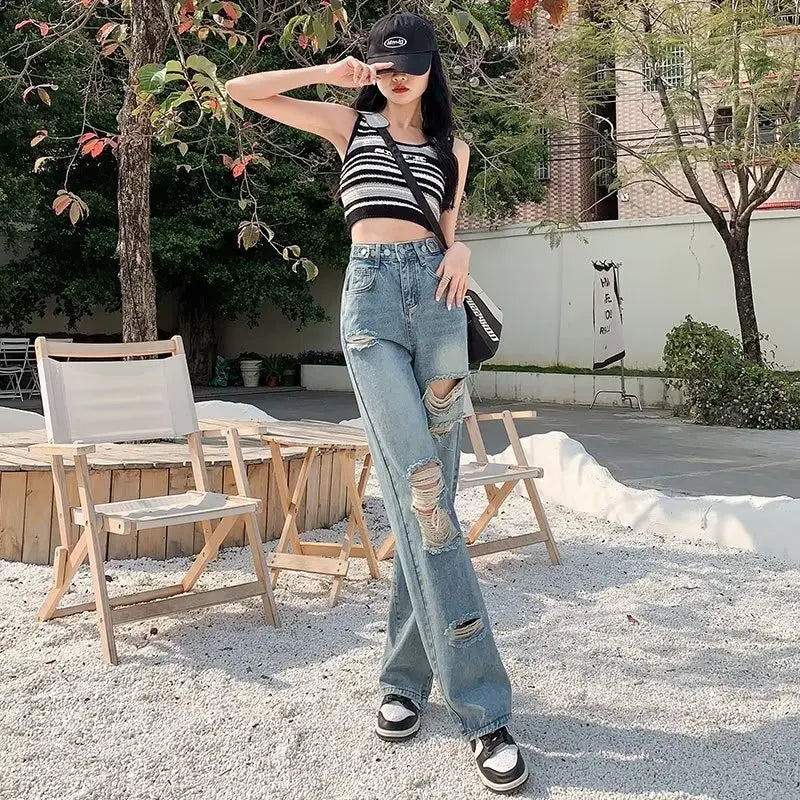 Amy Fashion - Perforated Jean Pear-Shaped Figure High Waist Straight Tube Loose Fitting Wide Leg Pants Small Stature Thin Summer Style Jean