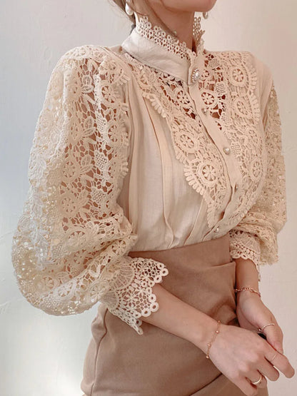 Petal Sleeve Hollow Out Flower Lace Patchwork Blouse