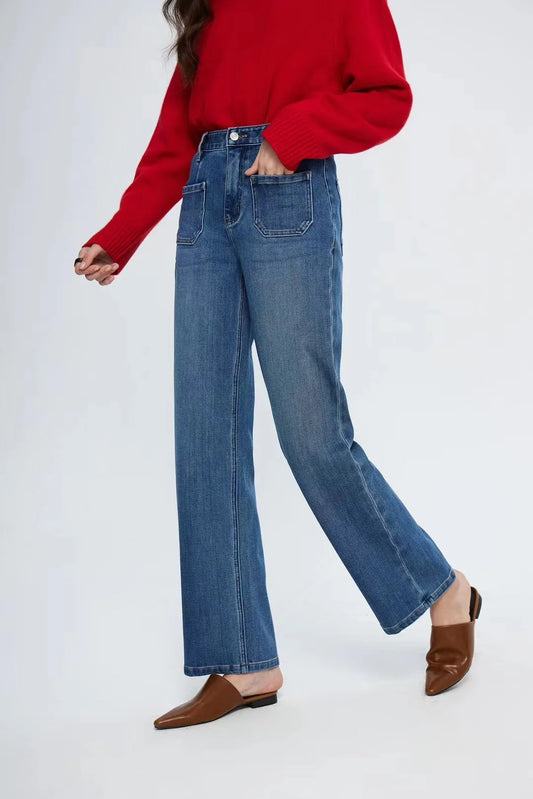 Amy Fashion - Pockets Women Temperament High Waist Straight Denim Pant Females Vintage Simple Streetwear Washed Chic 2024 New Jean