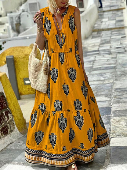 Amy Fashion - Printed Deep V Neck Loose Casual Sleeveless Party Dresses