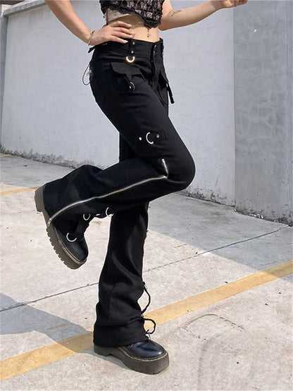 Punk Cargo Y2K Pants Zipper Rivets Leggings Pants Black Techwear