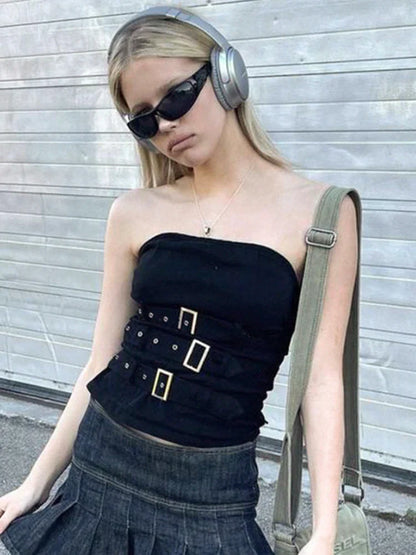 Retro Crop Streetwear Black Gothic Punk Corset Top Buckle Grunge Bandage Y2K