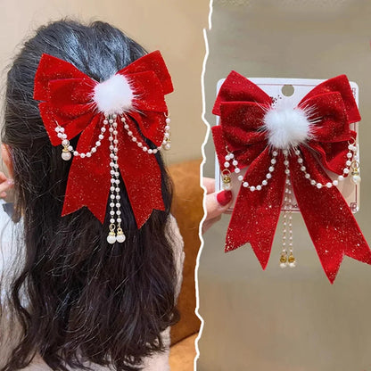 Golden Velvet Pompom Tassel Ribbon Chinese Style Hair Accessory for New Year and Christmas