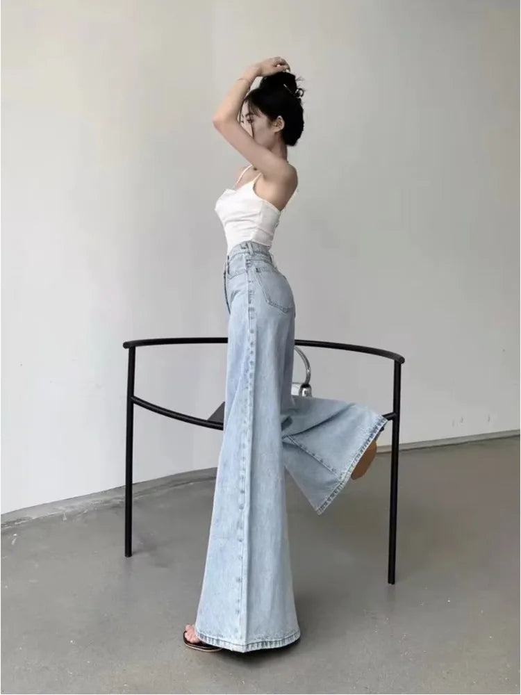 Amy Fashion - Slimming Vintage Flared Loose Fitting High-Waisted Denim Mop Floor Length Jean