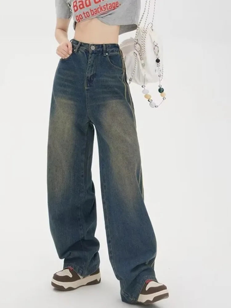 Amy Fashion - Sweeping Floor Spicy Girl Small Loose High Waisted Straight Leg Wide-Leg Jean