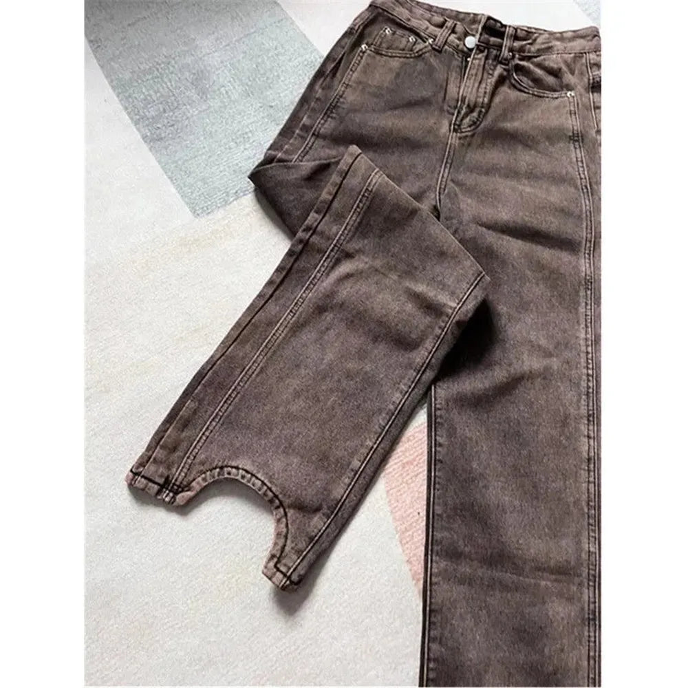 Retro Y2K Brown Wide Leg Irregular Baggy 90s Solid High Waist Comfortable Jeans