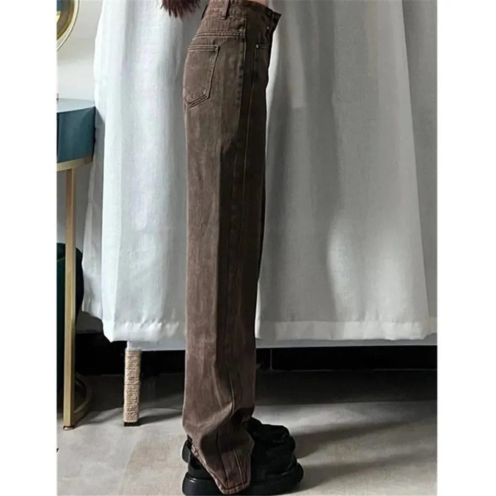 Retro Y2K Brown Wide Leg Irregular Baggy 90s Solid High Waist Comfortable Jeans