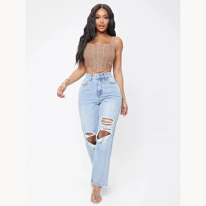 Amy Fashion - Ripped Women's Casual Fashion High Waist Straight Leg Loose Denim Ladies Streetwear Jean