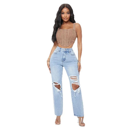 Amy Fashion - Ripped Women's Casual Fashion High Waist Straight Leg Loose Denim Ladies Streetwear Jean