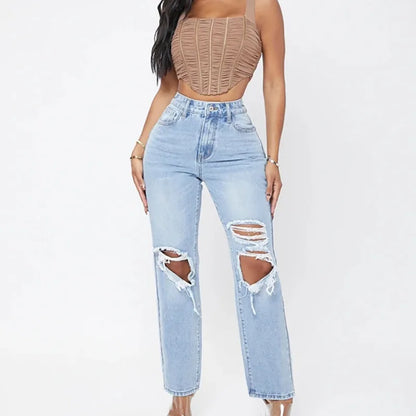 Amy Fashion - Ripped Women's Casual Fashion High Waist Straight Leg Loose Denim Ladies Streetwear Jean