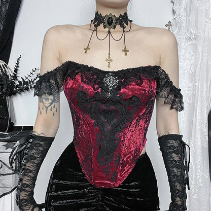 Bustier Lace Crop Gothic Tube Ruched Punk Patchwork Victorian Top