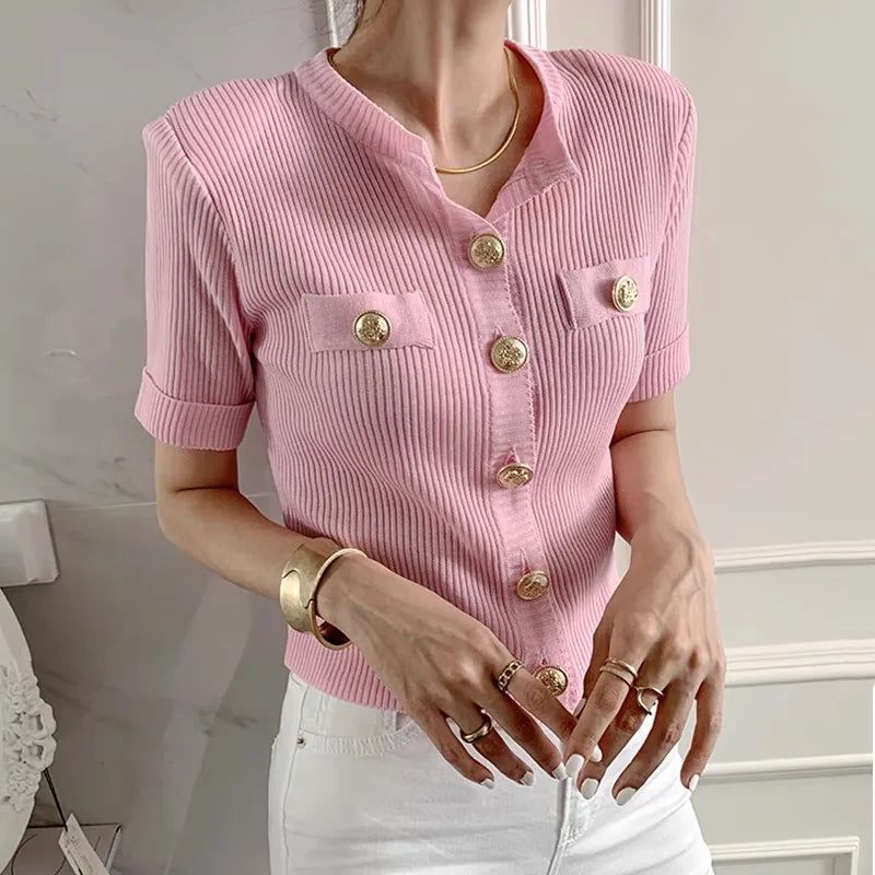 Runway Chic Elegant O-neck Big Button Slim Short Knitting Sweater