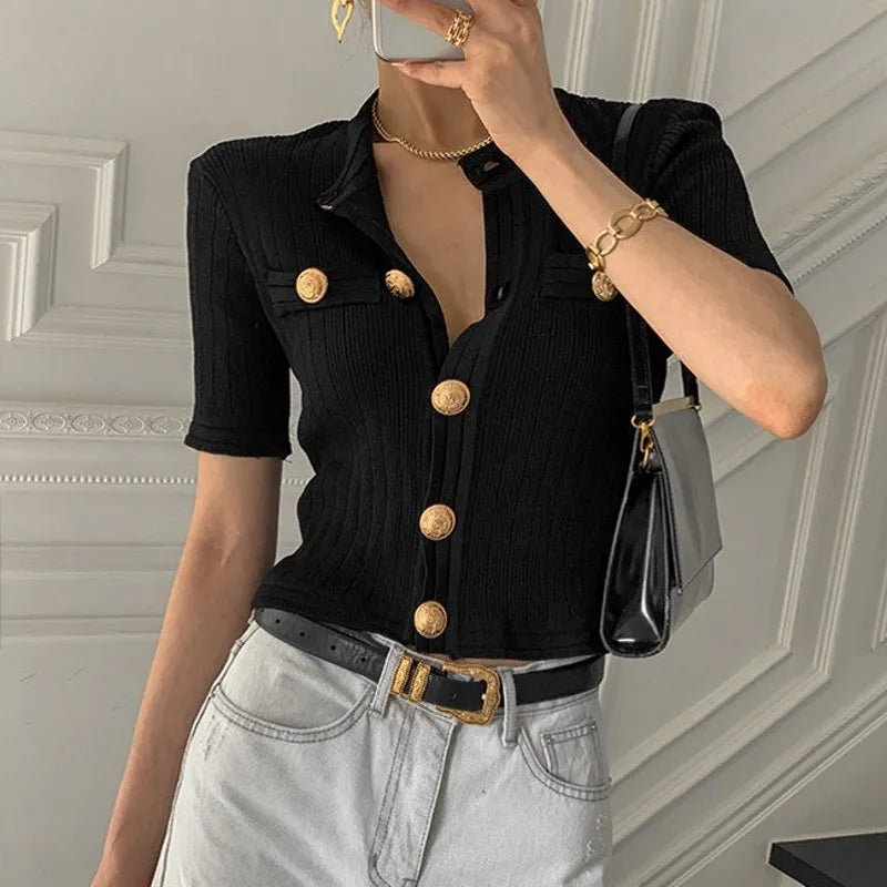 Runway Chic Elegant O-neck Big Button Slim Short Knitting Sweater