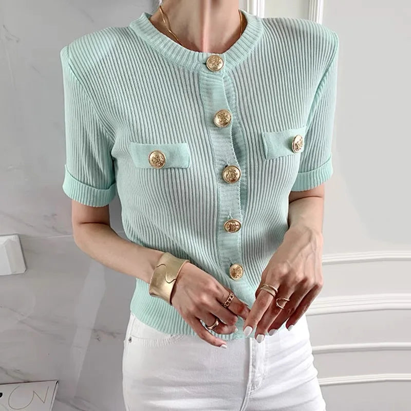 Runway Chic Elegant O-neck Big Button Slim Short Knitting Sweater