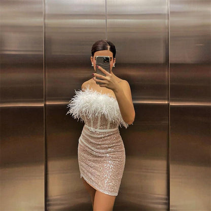 Amy Fashion - Fur Trim Tube Sequins Off-Shoulder Strapless Corset Dress