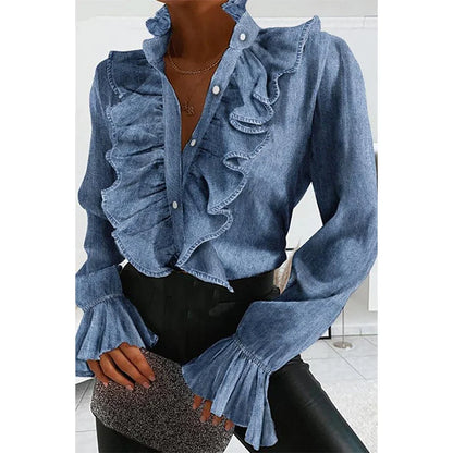 Plus Size Business Blue Ruffles Sexy V-Neck Denim Blouse