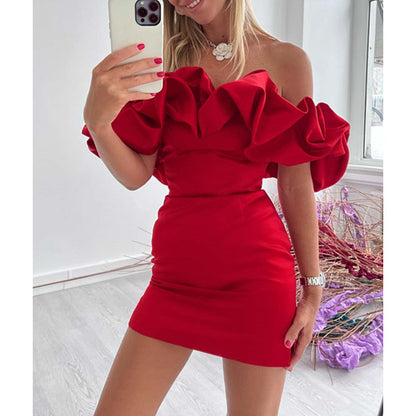 Amy Fashion - Bodycon Solid Color Ruffled Off-shoulder Dress