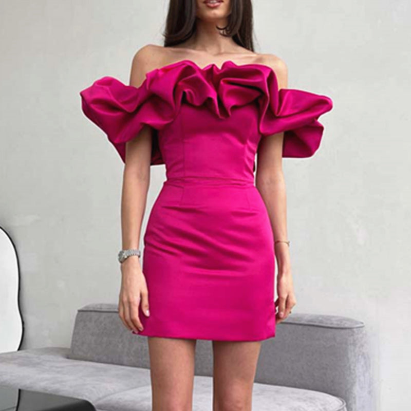 Amy Fashion - Bodycon Solid Color Ruffled Off-shoulder Dress