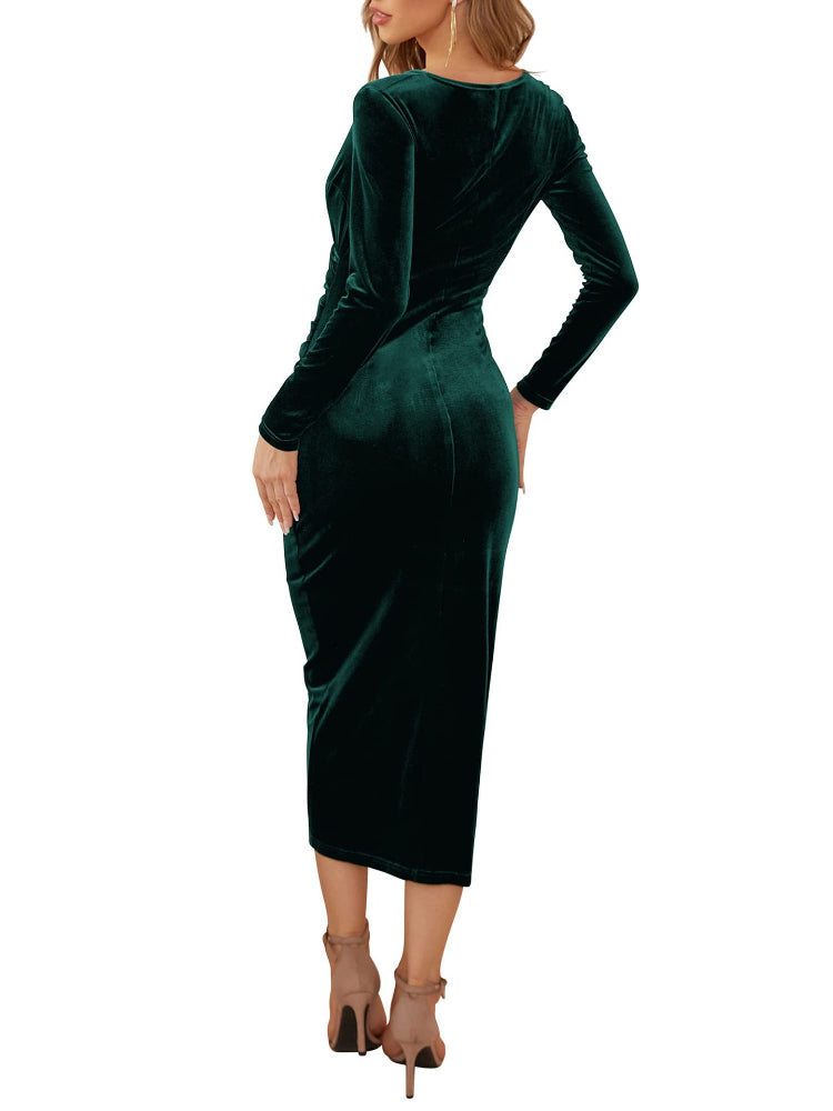 Amy Fashion - Autumn Velvet Bodycon Black Midi Dress