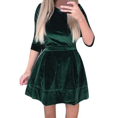 Amy Fashion - Long Sleeve Round Neck Waist Fashion Velvet Dress