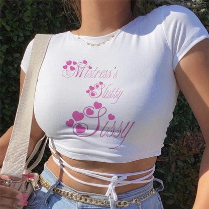 Sexy White Short Crop Bandage Casual Short Sleeve Female Y2K Crop Top