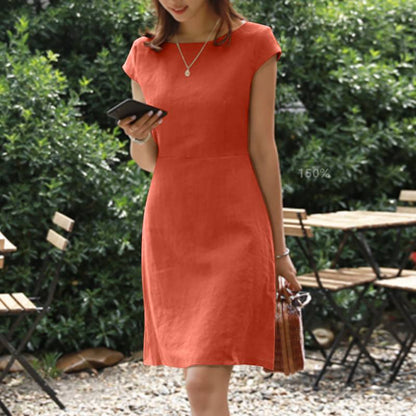 Amy Fashion - O-Neck Zipper Short Sleeve Loose Midi Dress