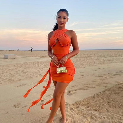 Amy Fashion - White Bandage Ruched Orange Mini Dresses