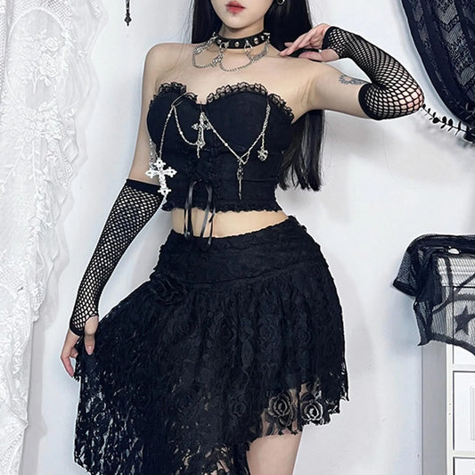 Sexy Dark Chain Top Gothic Wrapped Chest Top Tube Style Crop