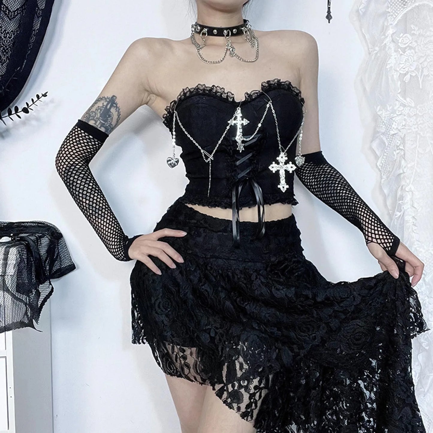 Sexy Dark Chain Top Gothic Wrapped Chest Top Tube Style Crop