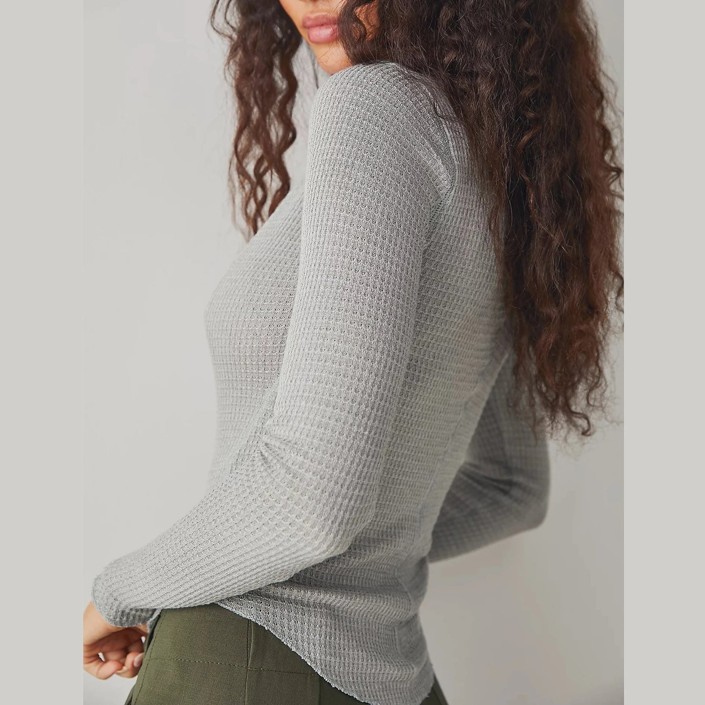 Sexy Long Sleeve Deep V Neck Waffle Knit Slim Fitted Crop Top