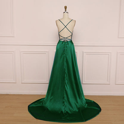 Amy Fashion - Long Style A Line High Split Silk Satin Evening Dress