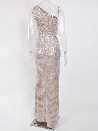 Amy Fashion - One Shoulder Hollow Out Sequin Cocktail Dress