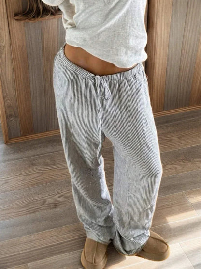 Vertical Stripe Autumn Winter Casual Vintage Elastic Drawstring Trouser