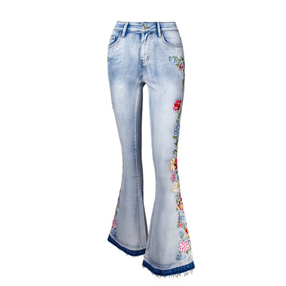 Amy Fashion - Size S-4XL Elastic Flower Embroidered Flare Womens Retro Style Bell Bottom Skinny Autumn Denim Women Jean