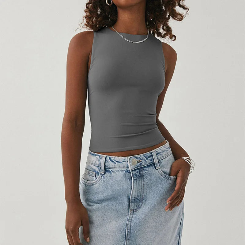 Tight Bottomed Round Neck Sleeveless Racerback Crop Top