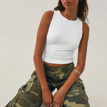 Tight Bottomed Round Neck Sleeveless Racerback Crop Top