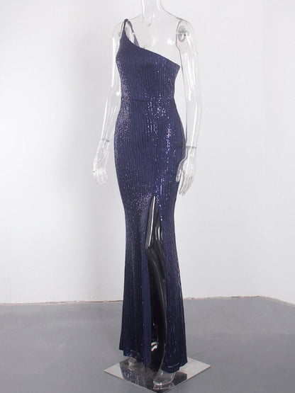 Amy Fashion - Slim Navy Blue One Shoulder Sequin Long Cocktail Dress