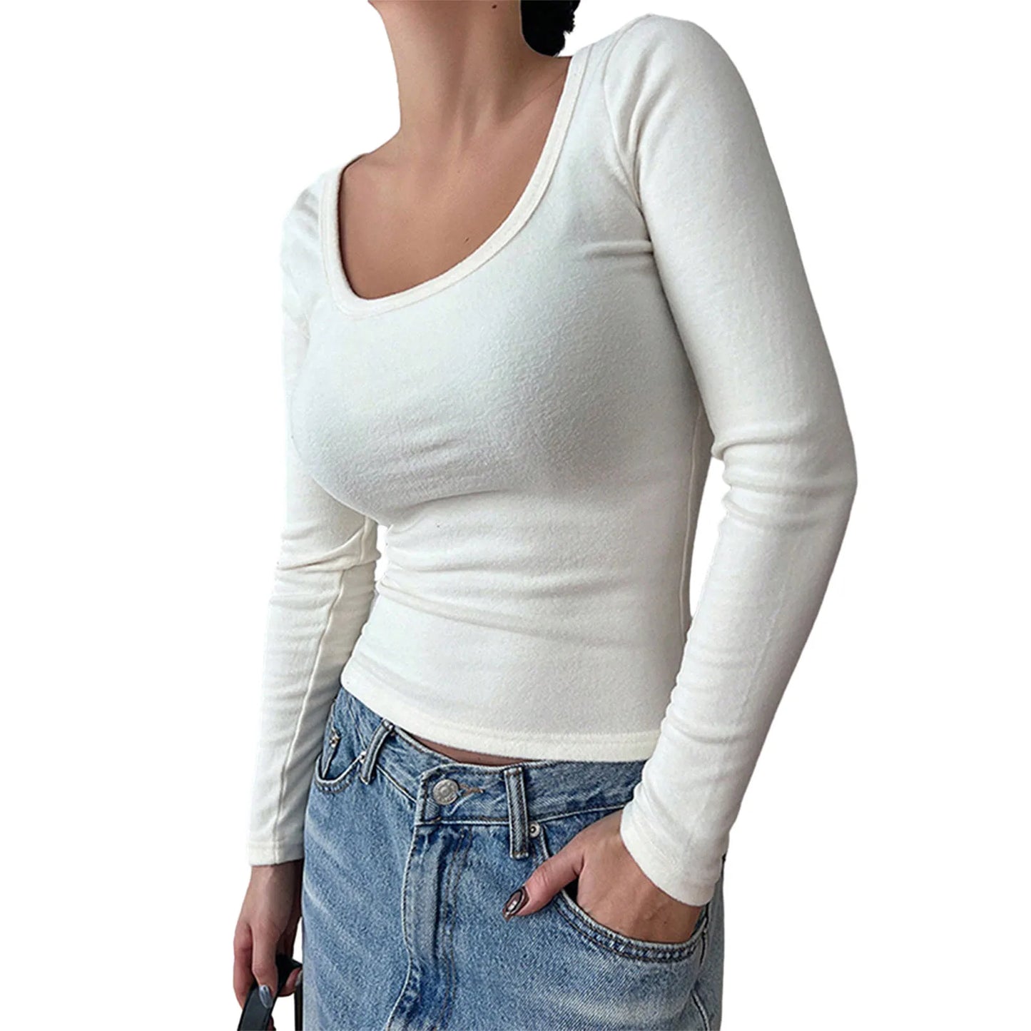 Scoop Neck Slim Fit Seamless Y2K Solid Color Tight Long Sleeve Crop Top