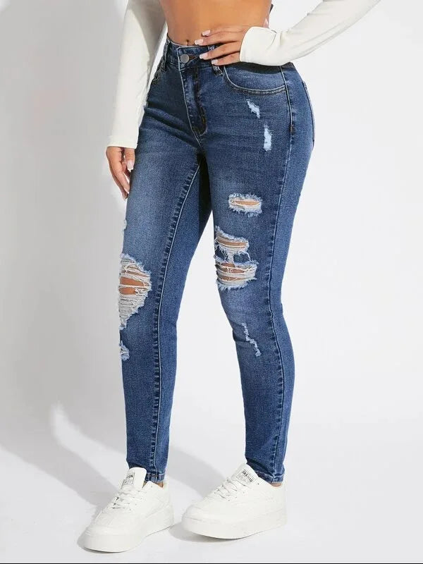 Amy Fashion - Stretch Skinny High Waist Ripped Butt Lifting Casual Slim Denim Jean