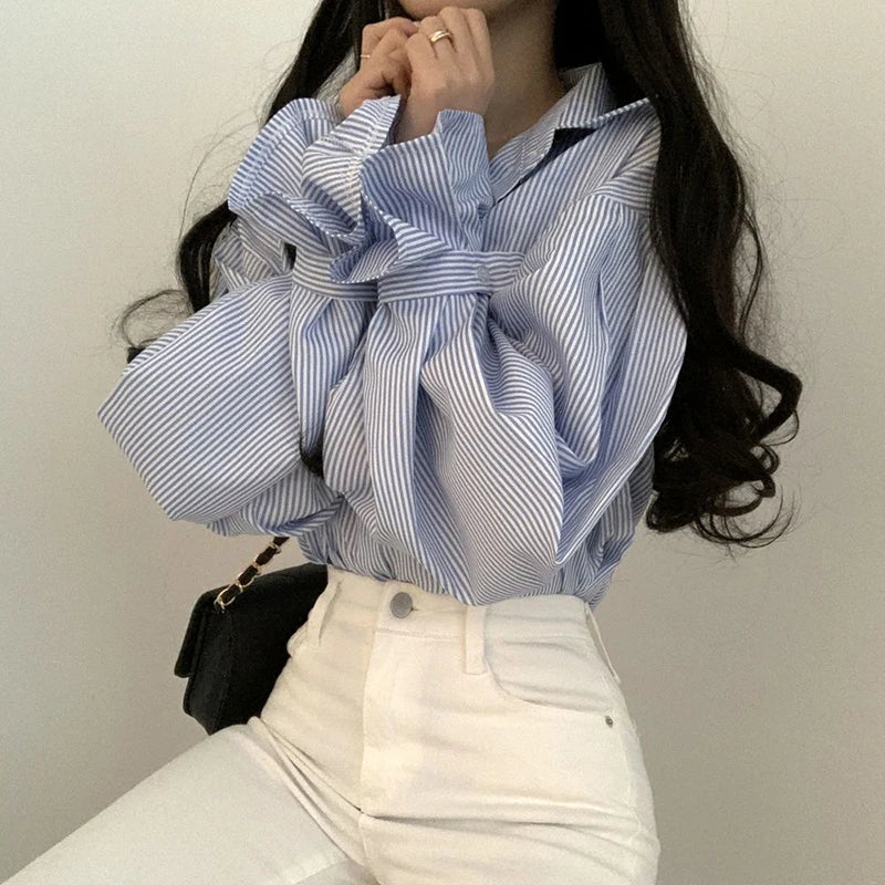 Stripe Loose Spring Retro Casual Elegant Lapel Leisure Blouse