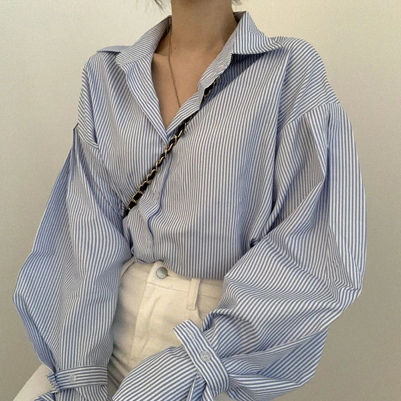 Stripe Loose Spring Retro Casual Elegant Lapel Leisure Blouse