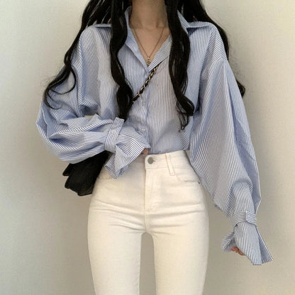 Stripe Loose Spring Retro Casual Elegant Lapel Leisure Blouse