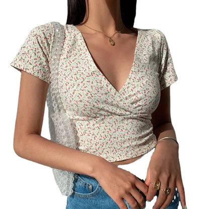 AMY FASHION - French Retro Floral V-neck Slim T-shirt Crop Top