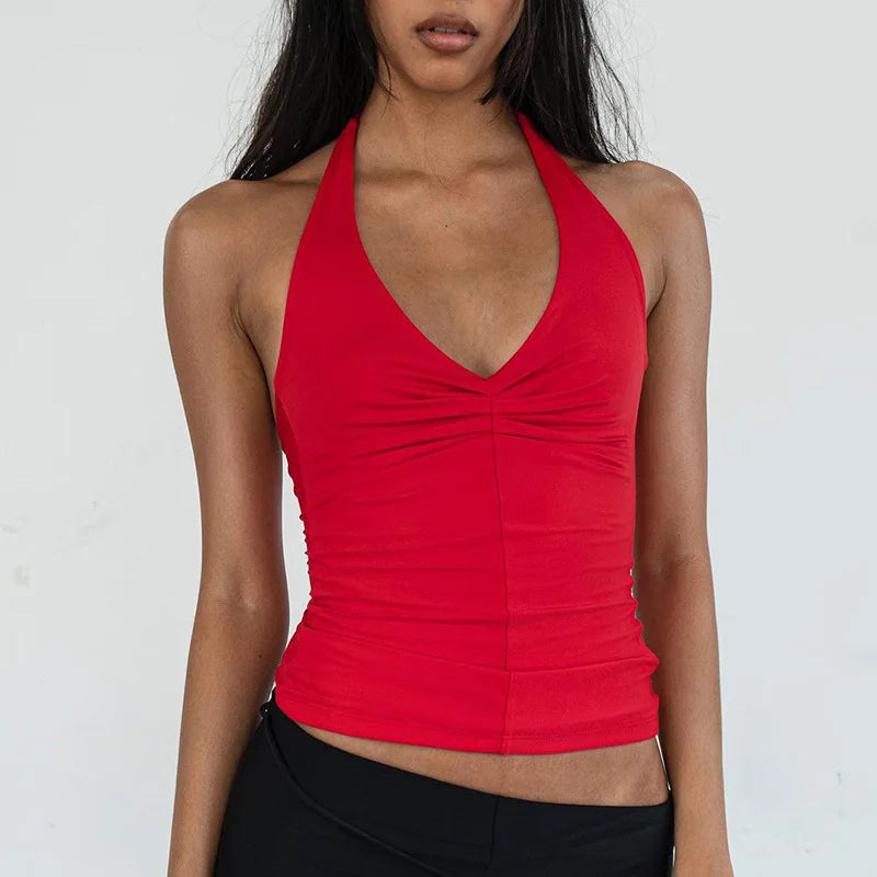 Summer Halter Sexy Backless Sleeveless Ribbed Knit Crop Top