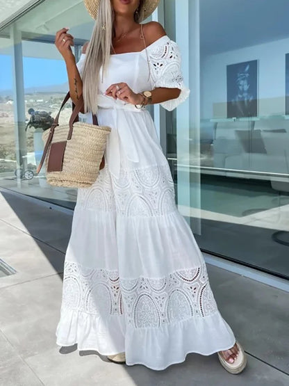 Amy Fashion - Lace Patchwork Loose Casual Beach Square Neck Boho Dress