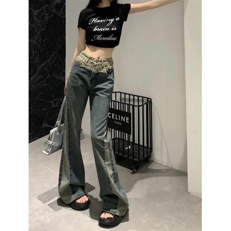 Amy Fashion - New Splice Slim Raglan Spice Girls High Waist Design Sense Small Public Show Thin Flare Jean